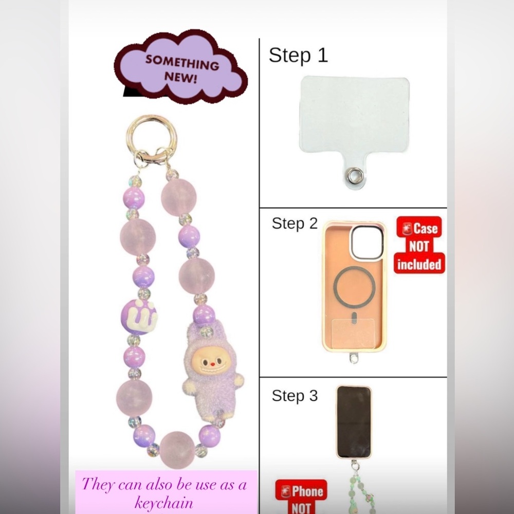 Lavender Beaded Phone Charm with Cute Labubu